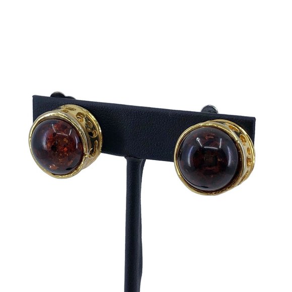 Vintage Amber Glass Clip On Earrings Unsigned, Chunky Round Clips - Picture 7 of 10